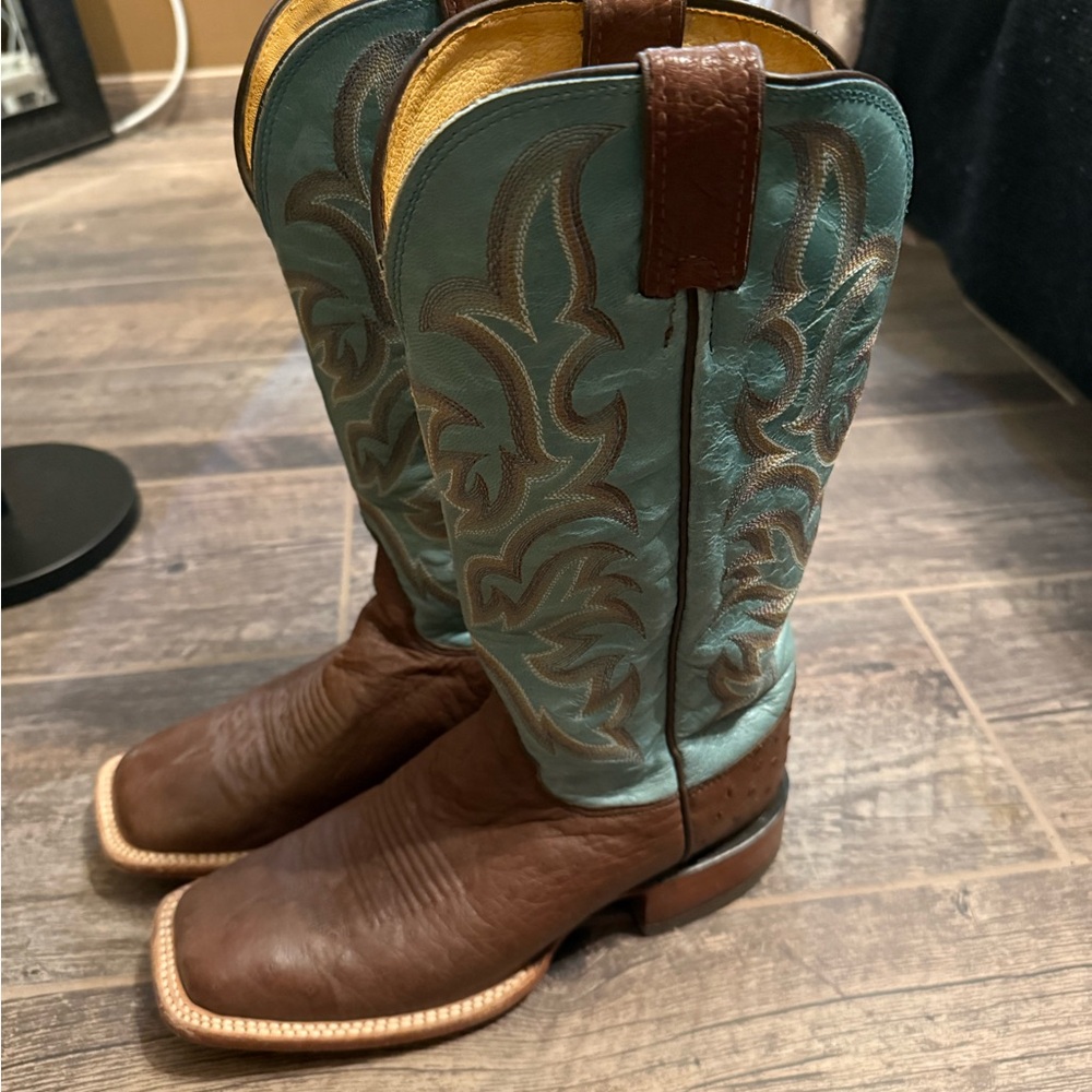 Justin Boots Brown Ostrich Leather with Teal Embroidered Shaft Western Boots - Picture 2 of 7